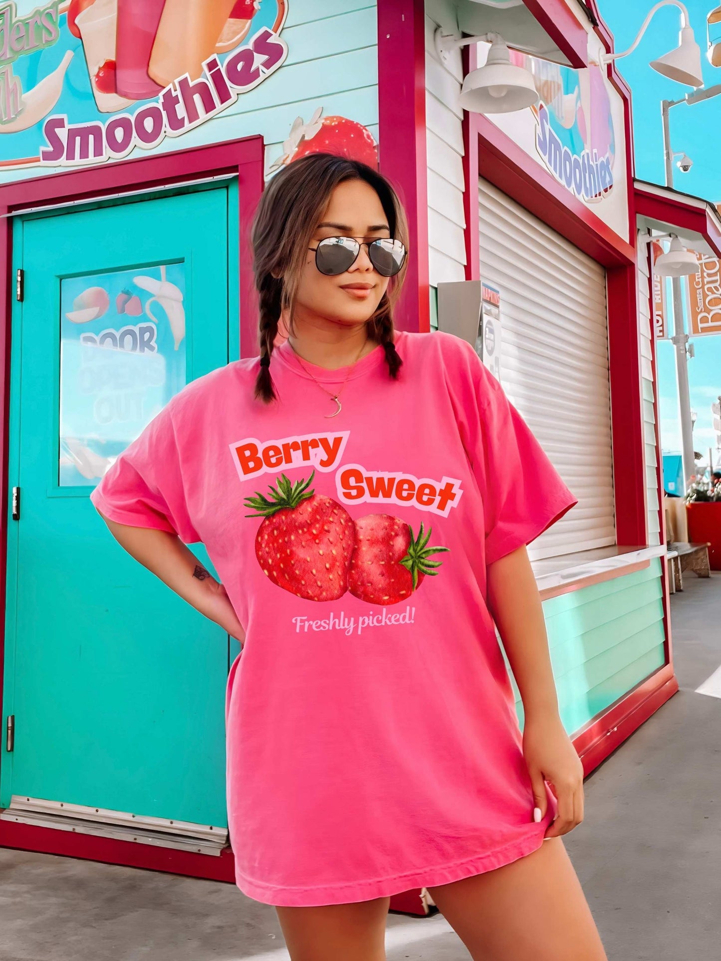 Strawberry T-Shirt, Trendy Pink Shirt with Red Strawberries