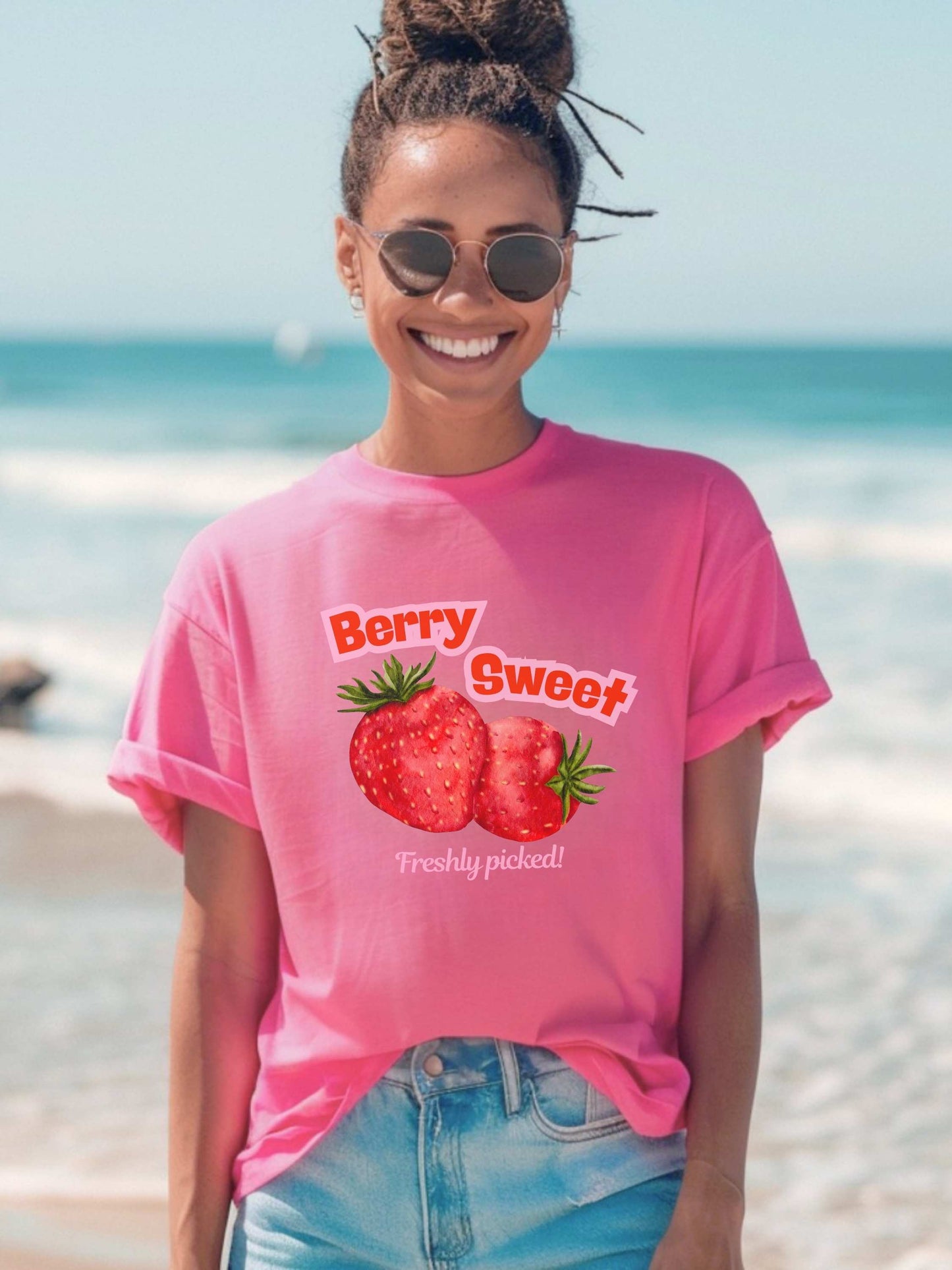 Strawberry T-Shirt, Trendy Pink Shirt with Red Strawberries