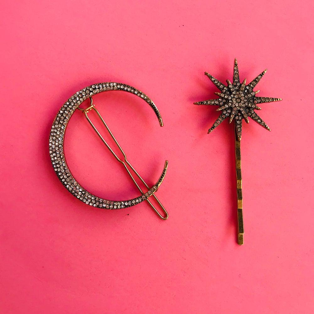 Rhinestone Moon and Star Hair Clips