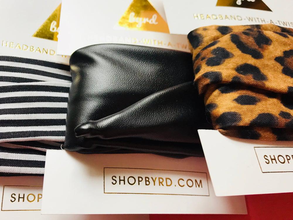 Leopard, Black Pleather and BW Stripe Wire Headband Set
