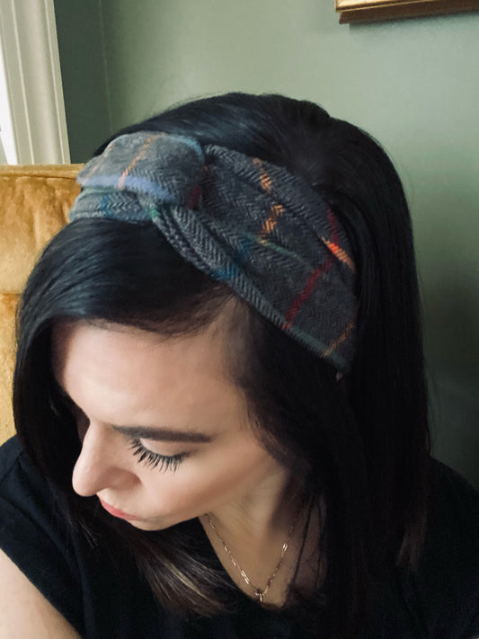 Grey Rainbow Plaid Flannel Wire Headband