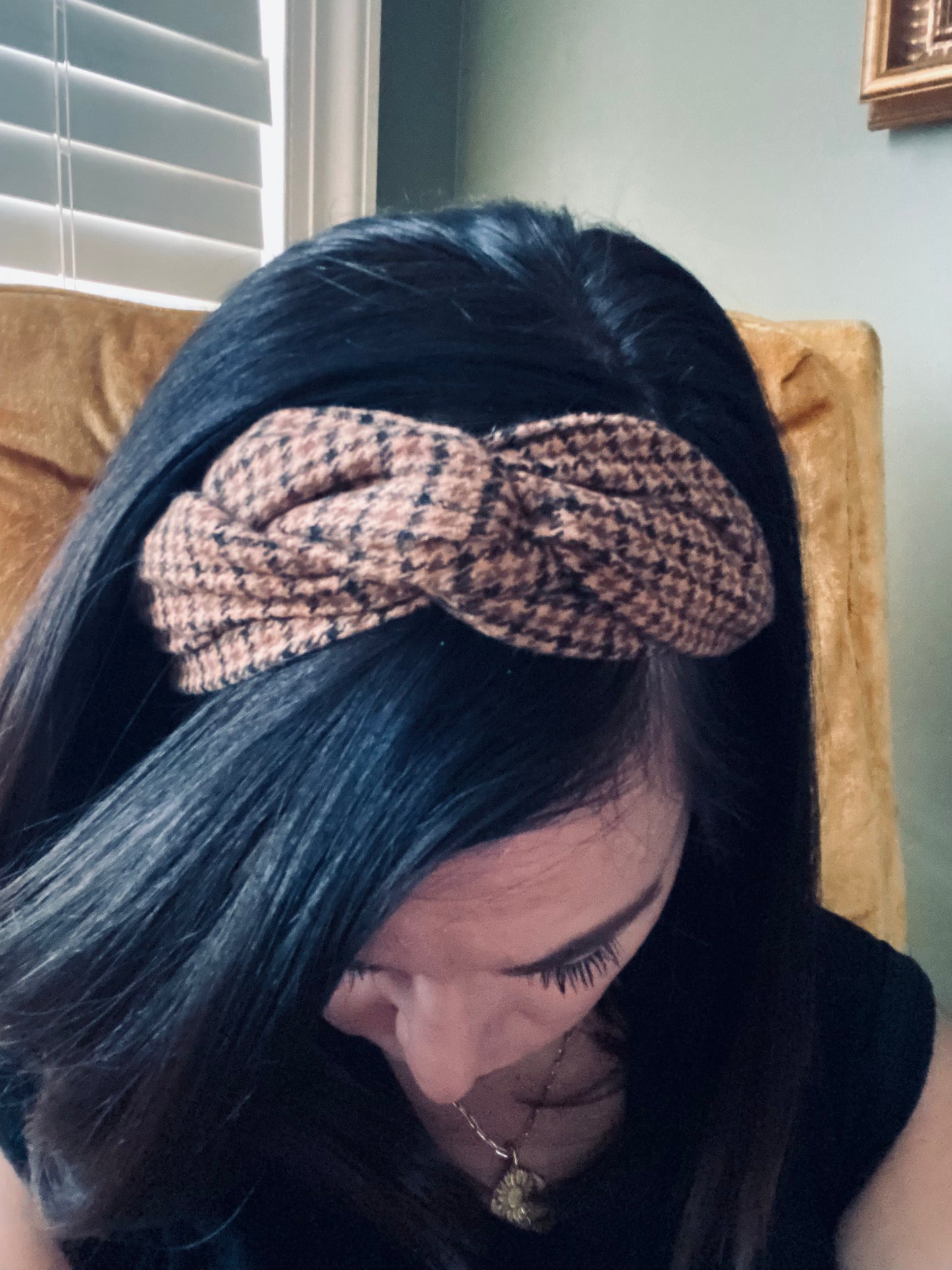 Camel Houndstooth Flannel Wire Headband