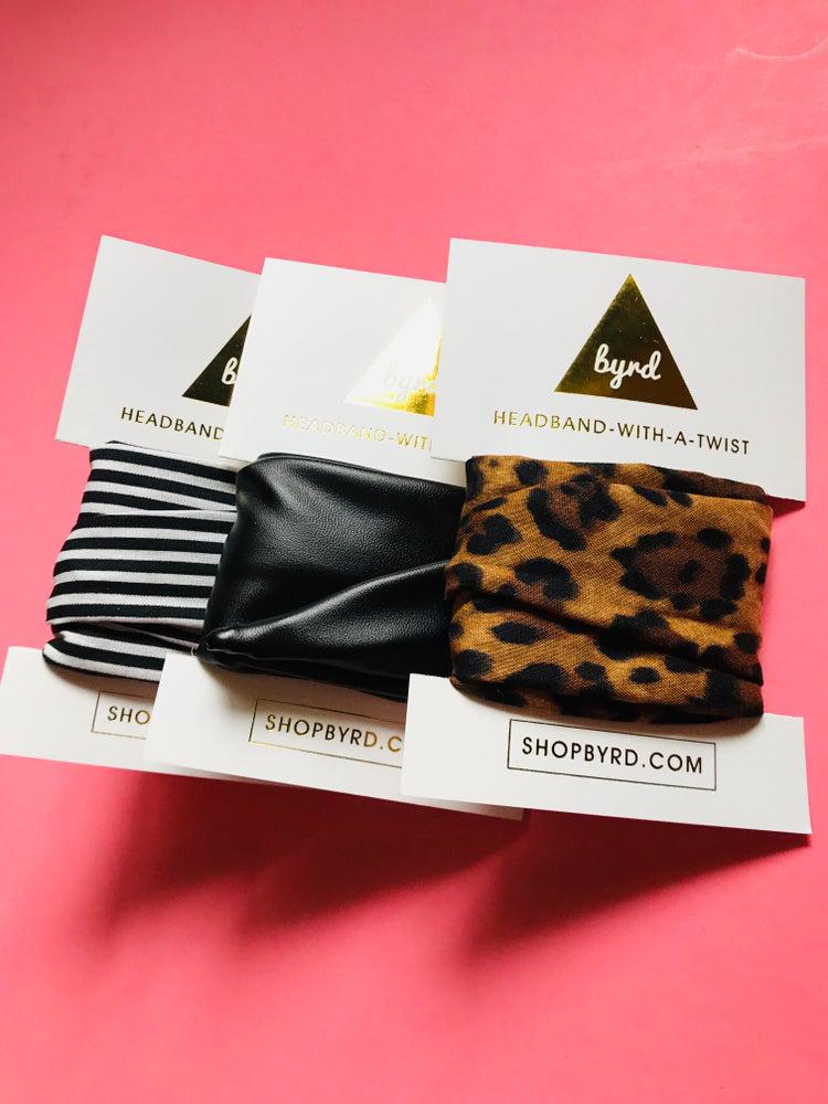 Leopard, Black Pleather and BW Stripe Wire Headband Set