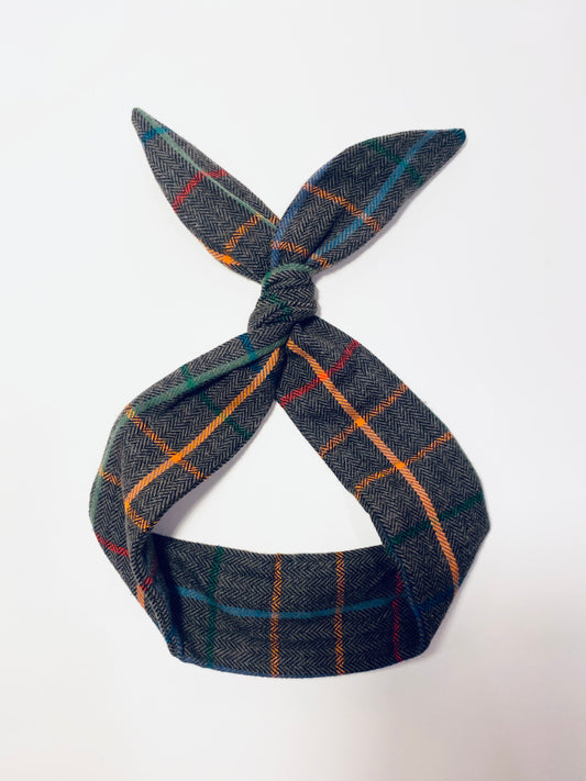 Grey Rainbow Plaid Flannel Wire Headband